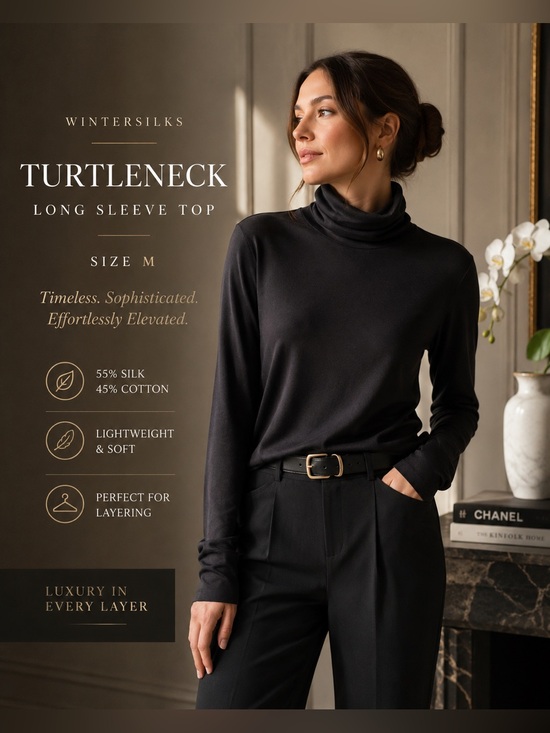 WinterSilks Sweaters - WinterSilks Black Silk Blend Turtleneck Long Sleeve Top Size M Lightweight Layer